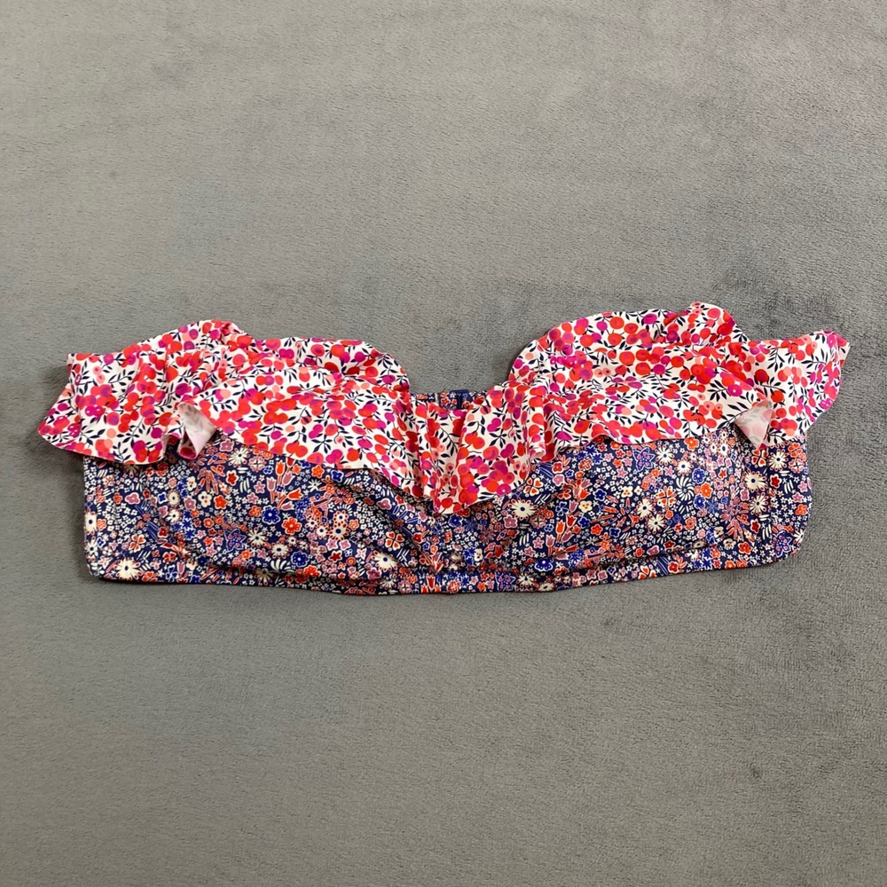 J.Crew Womens Floral Ruffle Bandeau Bikini Top Mixed Print Red Navy Blue Large